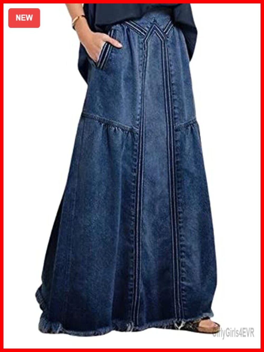 CHARTOU Women's Retro Elastic High Waist Frayed A-Line Maxi Denim Skirt